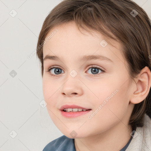 Joyful white child female with medium  brown hair and brown eyes