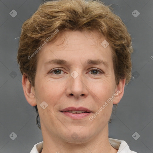 Joyful white adult male with short  brown hair and grey eyes