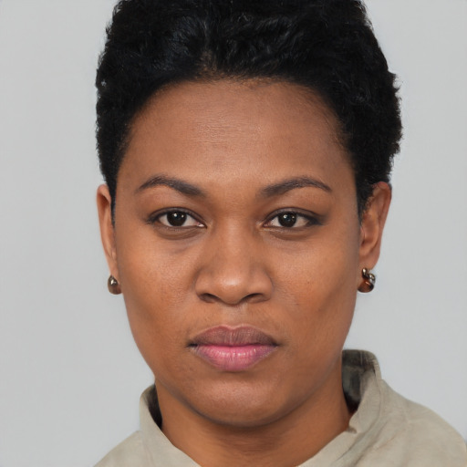 Joyful black young-adult female with short  black hair and brown eyes