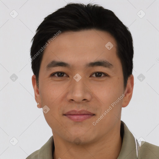 Neutral asian young-adult male with short  black hair and brown eyes