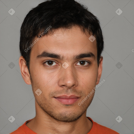 Neutral white young-adult male with short  brown hair and brown eyes