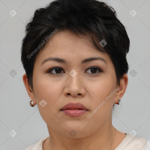 Joyful asian young-adult female with short  brown hair and brown eyes