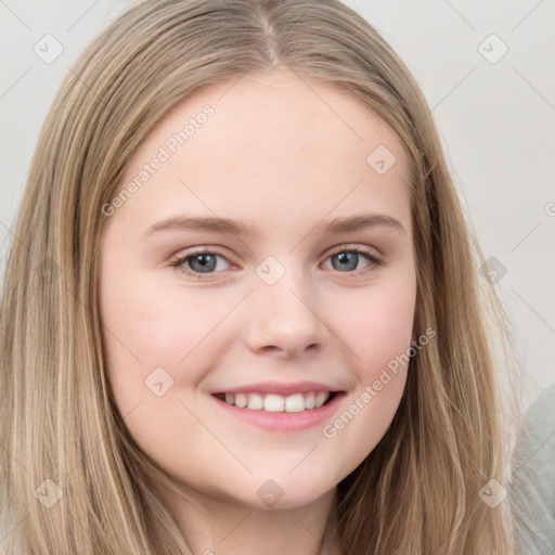 Joyful white child female with long  brown hair and brown eyes