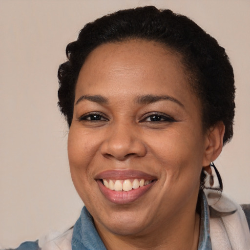 Joyful black adult female with short  brown hair and brown eyes
