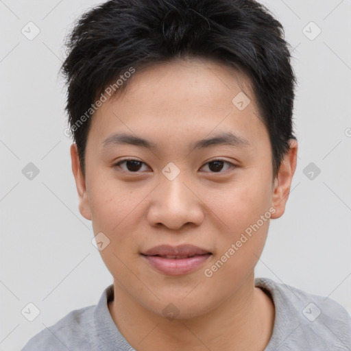 Joyful asian young-adult female with short  brown hair and brown eyes