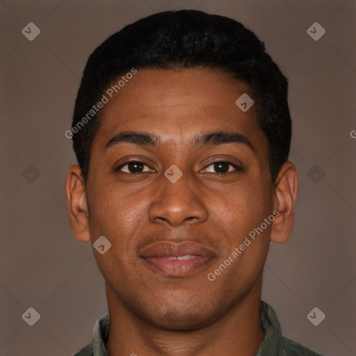 Joyful latino young-adult male with short  brown hair and brown eyes