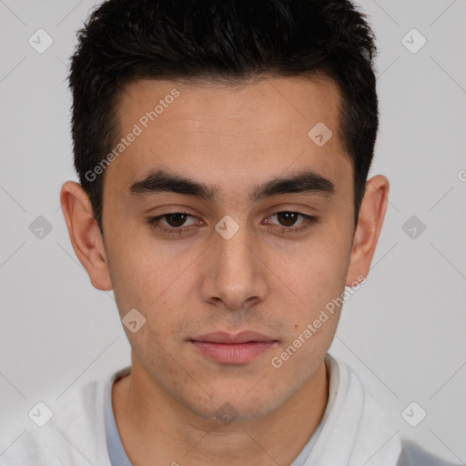 Neutral white young-adult male with short  brown hair and brown eyes