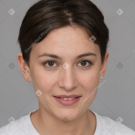 Joyful white young-adult female with short  brown hair and brown eyes