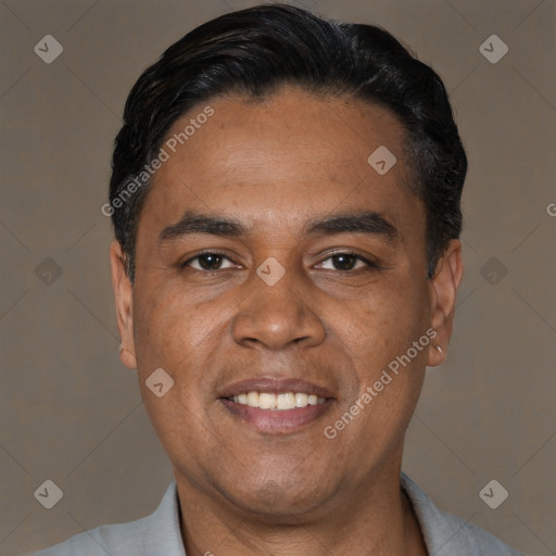 Joyful latino young-adult male with short  black hair and brown eyes