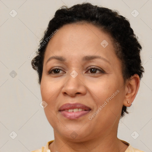 Joyful white adult female with short  brown hair and brown eyes