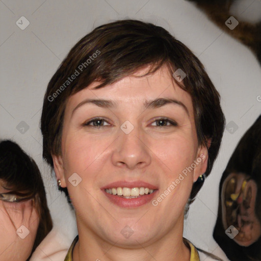 Joyful white adult female with medium  brown hair and brown eyes