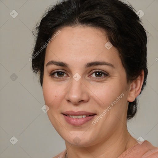 Joyful white adult female with medium  brown hair and brown eyes