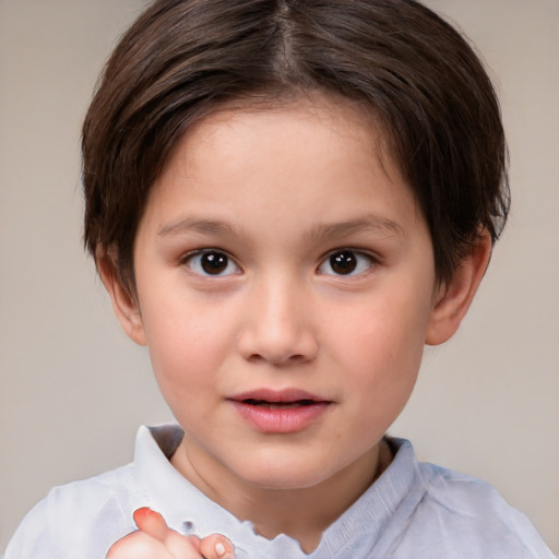 Joyful white child female with medium  brown hair and brown eyes