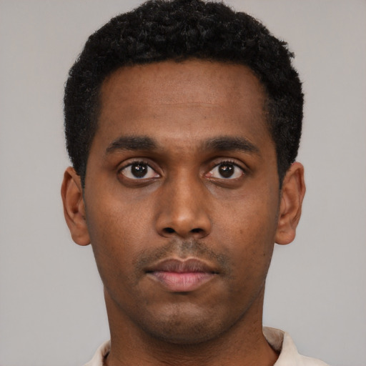 Neutral black young-adult male with short  black hair and brown eyes