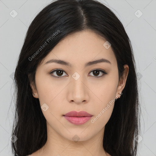 Neutral asian young-adult female with long  black hair and brown eyes