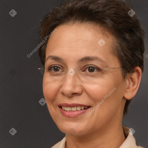 Joyful white adult female with short  brown hair and brown eyes