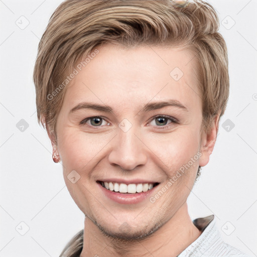 Joyful white young-adult female with short  brown hair and grey eyes