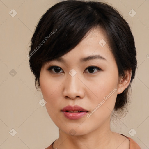 Neutral asian young-adult female with medium  black hair and brown eyes