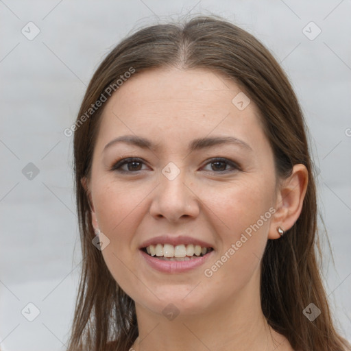 Joyful white young-adult female with long  brown hair and grey eyes