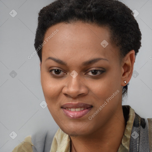 Joyful black young-adult female with short  brown hair and brown eyes