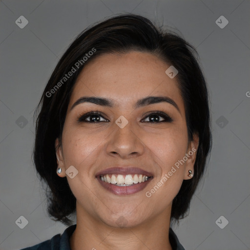 Joyful white young-adult female with medium  brown hair and brown eyes