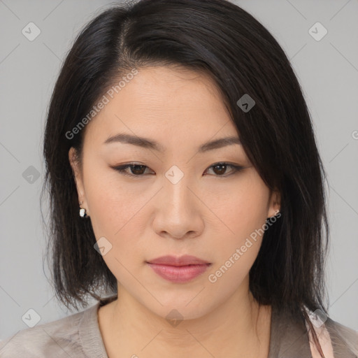 Neutral asian young-adult female with medium  brown hair and brown eyes