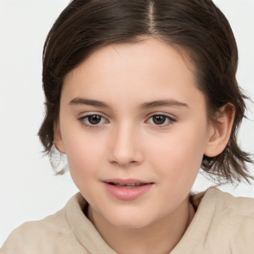 Joyful white child female with medium  brown hair and brown eyes