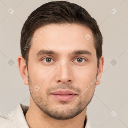 Neutral white young-adult male with short  brown hair and brown eyes