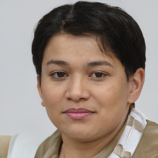 Joyful white young-adult female with short  brown hair and brown eyes