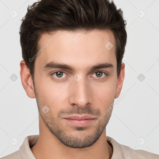 Neutral white young-adult male with short  brown hair and brown eyes