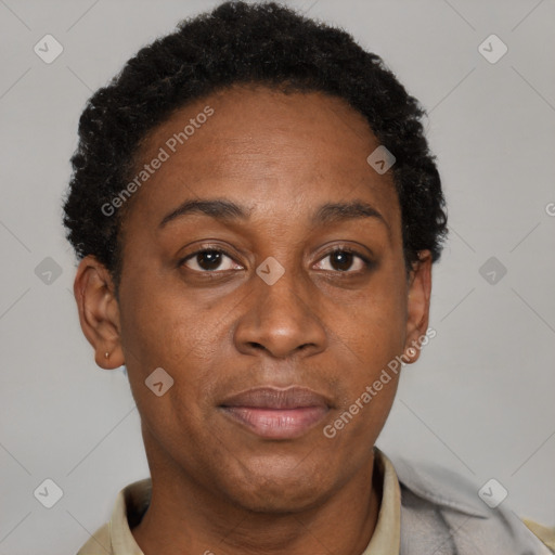 Joyful black adult female with short  brown hair and brown eyes