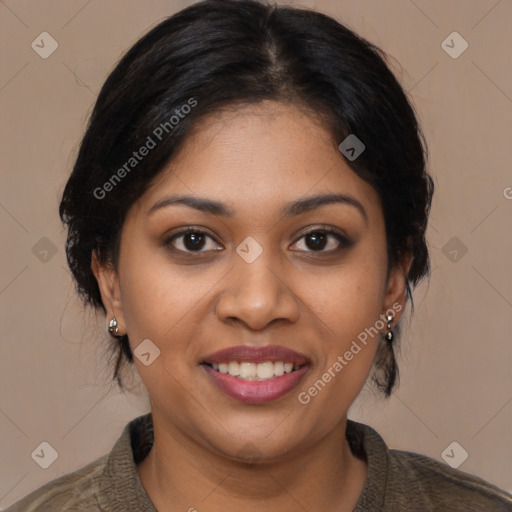 Joyful latino young-adult female with medium  brown hair and brown eyes