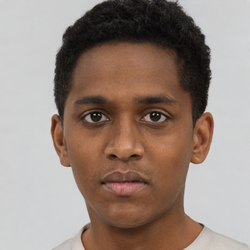 Neutral black young-adult male with short  black hair and brown eyes