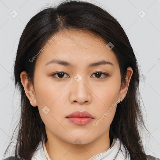 Neutral asian young-adult female with medium  brown hair and brown eyes