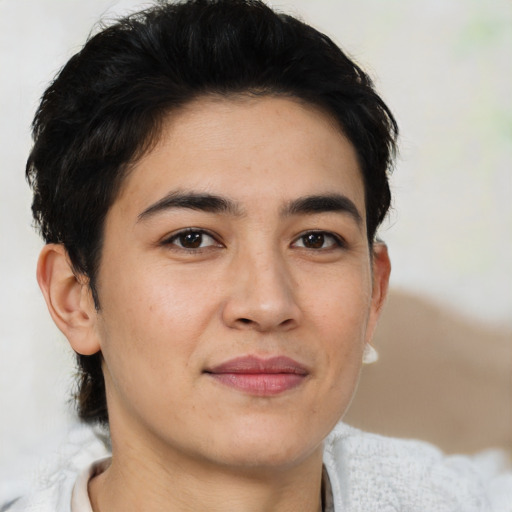Joyful white young-adult female with short  black hair and brown eyes