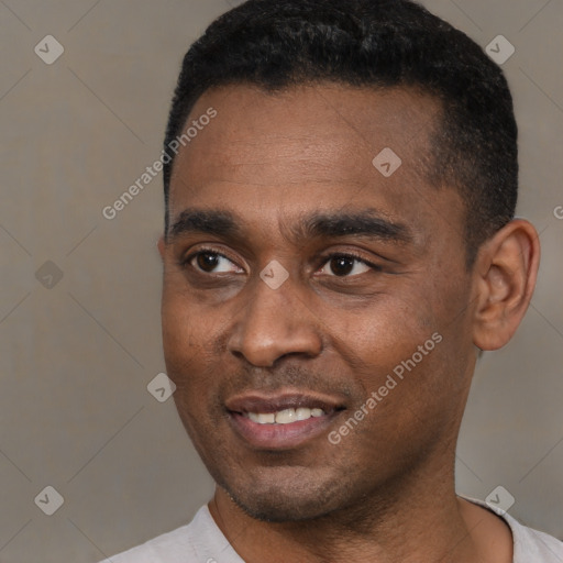 Joyful black young-adult male with short  black hair and brown eyes