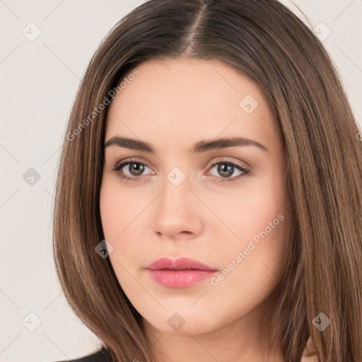 Neutral white young-adult female with long  brown hair and brown eyes