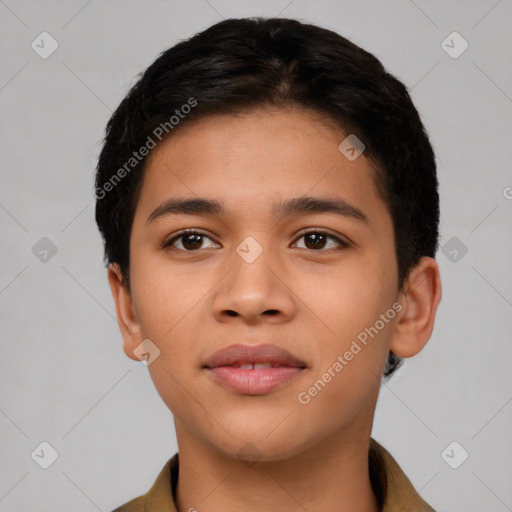 Joyful latino young-adult male with short  brown hair and brown eyes