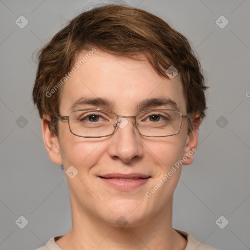 Joyful white adult male with short  brown hair and grey eyes