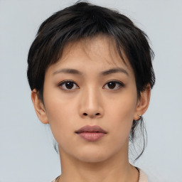 Neutral asian young-adult female with short  brown hair and brown eyes