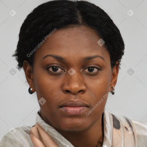 Neutral latino young-adult female with short  black hair and brown eyes