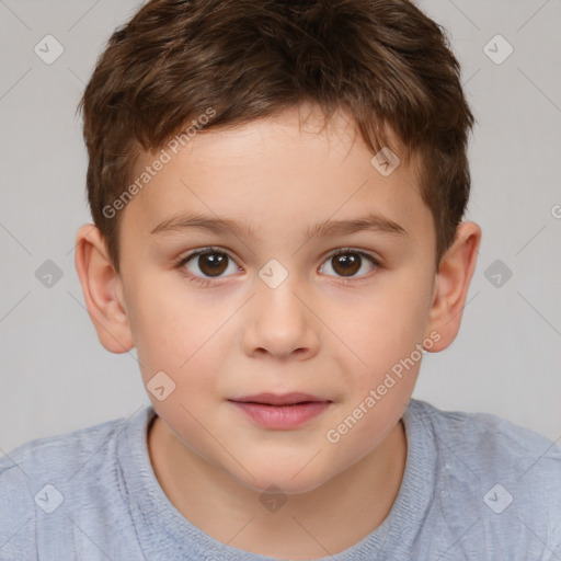 Joyful white child male with short  brown hair and brown eyes