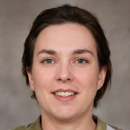 Joyful white adult female with medium  brown hair and grey eyes