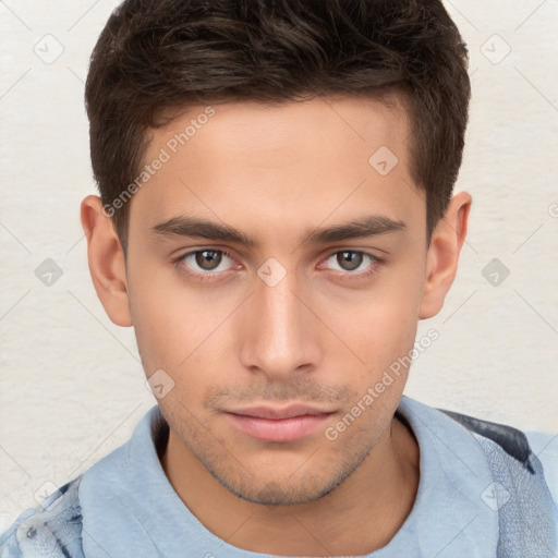 Neutral white young-adult male with short  brown hair and brown eyes