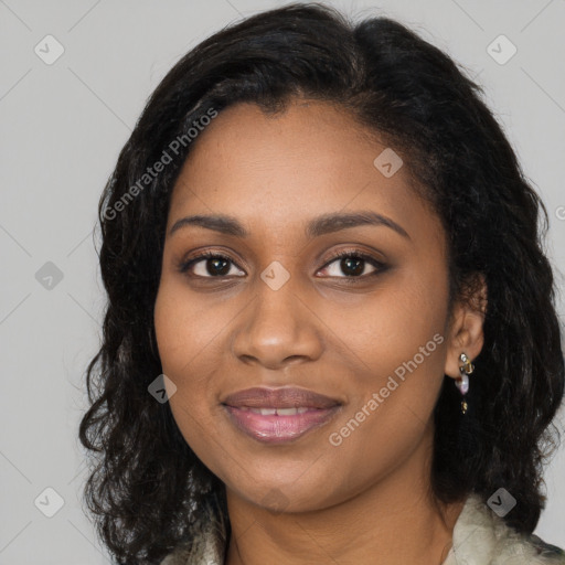 Joyful black young-adult female with long  black hair and brown eyes