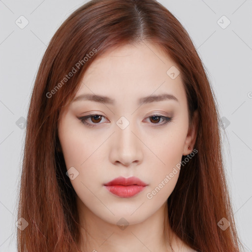 Neutral white young-adult female with long  brown hair and brown eyes