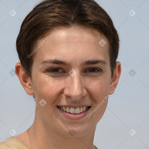 Joyful white young-adult female with short  brown hair and brown eyes