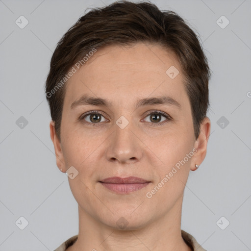 Joyful white young-adult female with short  brown hair and brown eyes