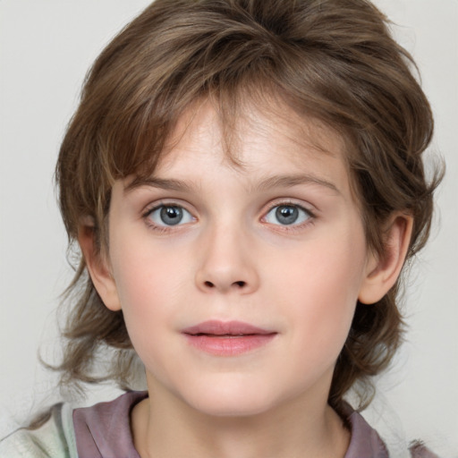 Neutral white child female with medium  brown hair and grey eyes