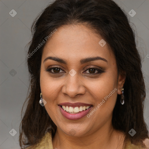 Joyful white young-adult female with long  brown hair and brown eyes